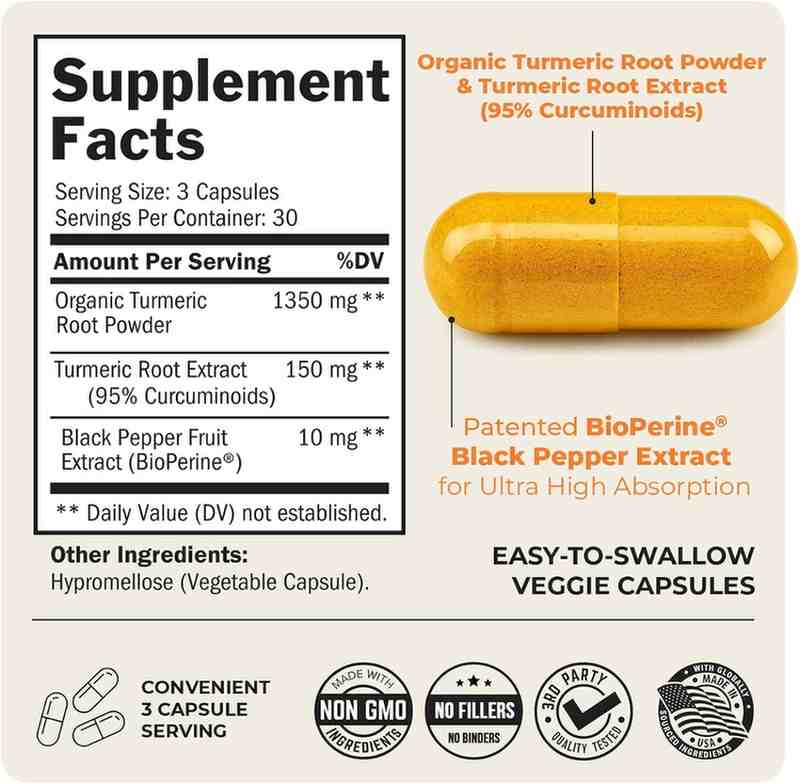 Turmeric Curcumin with Black Pepper Extract 1500mg 90 Capsules – High-Absorption Joint, Immune, and Daily Wellness Support - Image 3