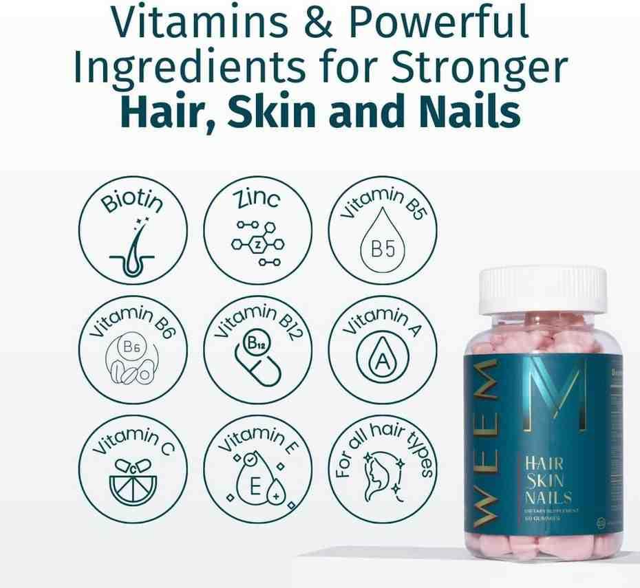 WEEM Hair Skin & Nails Gummies – Vegan Biotin Supplement for Healthy Hair Growth, Stronger Nails & Glowing Skin (Extra Strength) - Image 3