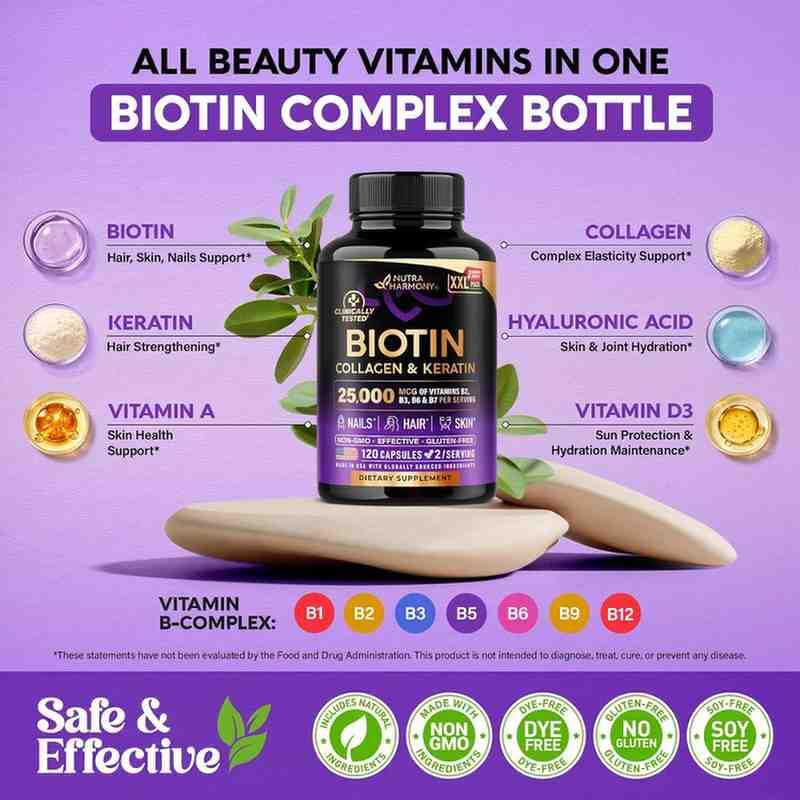 Biotin Collagen Hyaluronic Acid & Keratin 120 Capsules – Advanced Hair Growth, Skin, and Nail Support for Women & Men - Image 4