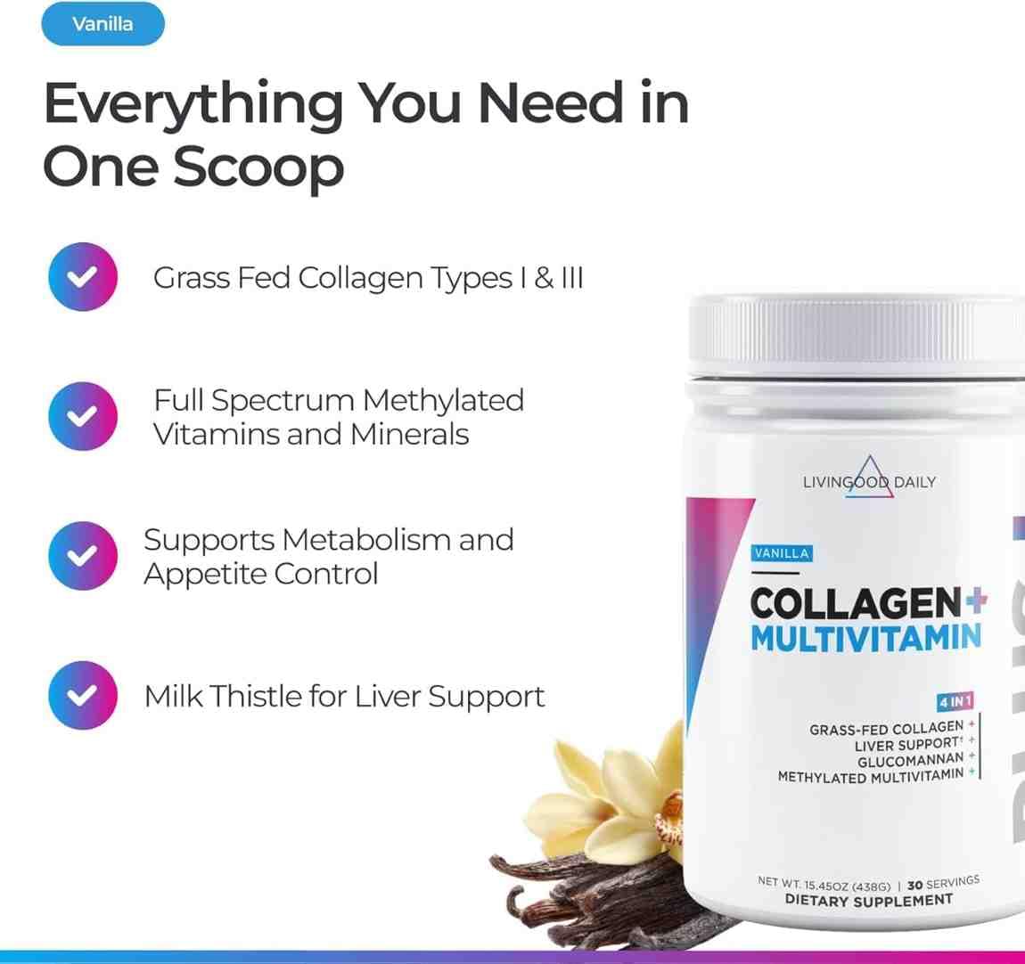 Livingood Daily Collagen Powder Vanilla 30 Servings – Grass-Fed Collagen Peptides with Vitamin C & Multivitamins for Hair, Skin, Nails, Gut, and Joint Health - Image 5