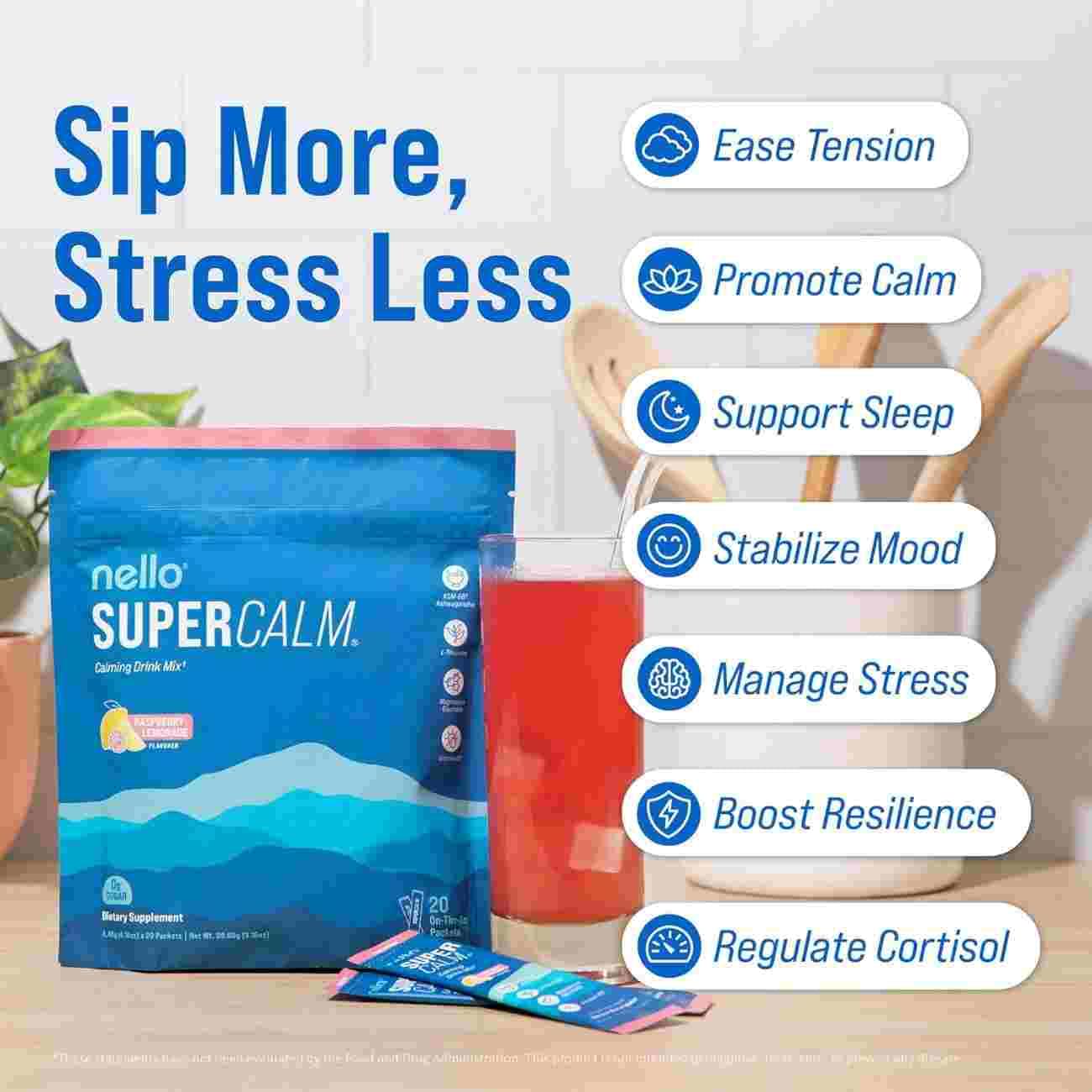 Nello SuperCalm Sleep & Stress Support Drink Mix – KSM-66 Ashwagandha 300mg, L-Theanine 400mg & Magnesium Glycinate for Relaxation, Calm & Sleep - Image 3